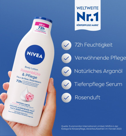 NIVEA Body Lotion Rosenblute & Pflege, 400 ml, Нивеа Лосьон для тела, аргановое масло и аромат розы, 72ч увлажнение, 400 мл