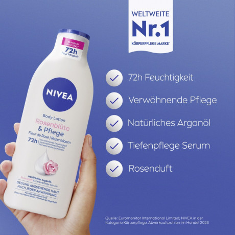 NIVEA Body Lotion Rosenblute & Pflege, 400 ml, Нивеа Лосьон для тела, аргановое масло и аромат розы, 72ч увлажнение, 400 мл