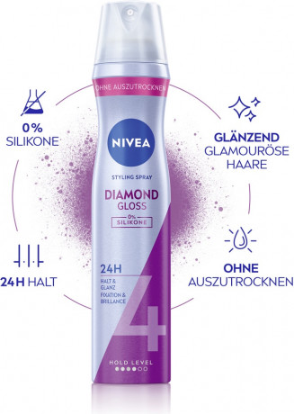 NIVEA Diamant Glanz Haarspray, 250 ml, Нивеа Лак для волос, пантенол и витамин B3, бриллиантовый блеск, до 24ч фиксация, 250 мл