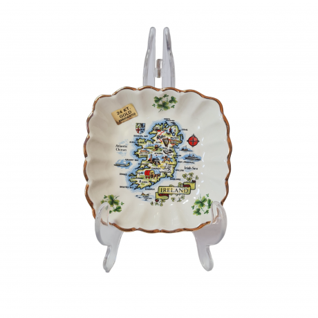 Декоративная тарелка Carrigcraft, белый фарфор с картой Ирландии и позолотой 24К, 11,5 x 11,5 x 2,5 см, Ирландия, 1960-70гг.