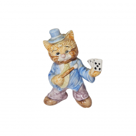 Фигурка винтажная "Кот в светло-голубом пиджаке с игральными картами", 14 x 9 см, Германия, 1950-60гг.