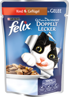 Felix Влажный корм Для кошек, So gut wie es aussieht Doppelt lecker Говядина и Домашняя птица	 в желе, 100 г