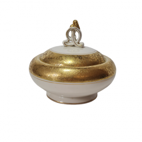 AL-KA Kunst Kronach Круглая винтажная шкатулка с цветочным узором и обильной позолотой, 14смx12см, Германия, 1960-70гг.