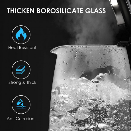Bonsenkitchen Bonsenkitchen Wasserkocher Wasserkocher aus Glas, 1,7 L 2200 W Wasserkocher mit blauer LED-Beleuchtung, automatischer Abschaltung und Uberhitzungsschutz, Innendeckel und Boden aus 304 Edelstahl (BPA-frei), 1,7 l, 2200 W  Стеклянный чайник Bo