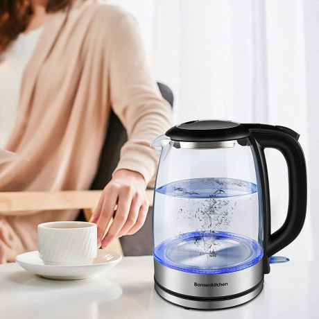 Bonsenkitchen Bonsenkitchen Wasserkocher Wasserkocher aus Glas, 1,7 L 2200 W Wasserkocher mit blauer LED-Beleuchtung, automatischer Abschaltung und Uberhitzungsschutz, Innendeckel und Boden aus 304 Edelstahl (BPA-frei), 1,7 l, 2200 W  Стеклянный чайник Bo