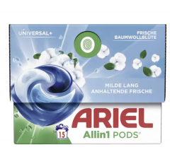 Ariel Vollwaschmittel Flussig Pods All-in-1 Frische Baumwollblute 15WL, Капсулы для стирки белья универсальные Свежесть Хлопка 15шт