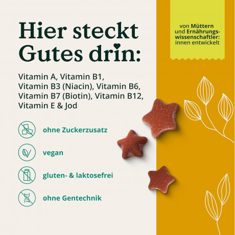 Nature Love Multivitamin Gummies Kids, Детские мультивитамины A, B1, B3, B6, B7, B12, E и йод, без сахара, яблоко-банан, для иммунитета и энергии, 120 шт