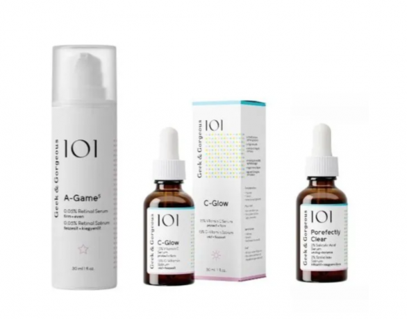 Geek & Gorgeous Serum SET: C-Glow 15% Vitamin C + A-Game 5 Retinal 0,05% + Porefectly Clear 2% Salicylic Acid, Сыворотки для лица для женщин (Венгрия), против акне, пигментации и морщин, C-Glow витамин C 15%, A-Game 5 ретиналь 0,05%, Porefectly Clear сали