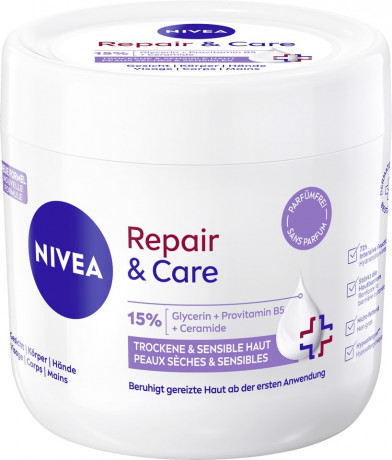 NIVEA Body Repair & Care Creme Parfumfrei, 400 ml, Нивеа Крем для тела без парфюма, 15% глицерин, провитамин B5 и церамиды, для сухой и чувствительной кожи, 72ч увлажнение, 400 мл