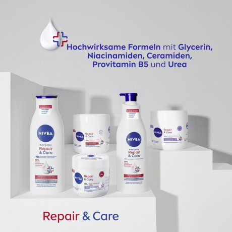 NIVEA Body Repair & Care Creme Parfumfrei, 400 ml, Нивеа Крем для тела без парфюма, 15% глицерин, провитамин B5 и церамиды, для сухой и чувствительной кожи, 72ч увлажнение, 400 мл