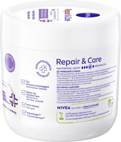 NIVEA Body Repair & Care Creme Parfumfrei, 400 ml, Нивеа Крем для тела без парфюма, 15% глицерин, провитамин B5 и церамиды, для сухой и чувствительной кожи, 72ч увлажнение, 400 мл