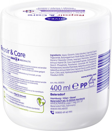NIVEA Body Repair & Care Creme Parfumfrei, 400 ml, Нивеа Крем для тела без парфюма, 15% глицерин, провитамин B5 и церамиды, для сухой и чувствительной кожи, 72ч увлажнение, 400 мл