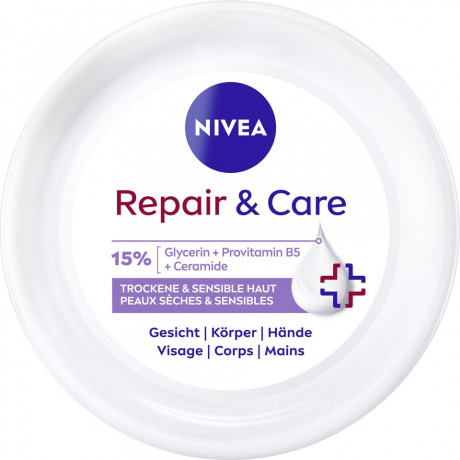 NIVEA Body Repair & Care Creme Parfumfrei, 400 ml, Нивеа Крем для тела без парфюма, 15% глицерин, провитамин B5 и церамиды, для сухой и чувствительной кожи, 72ч увлажнение, 400 мл