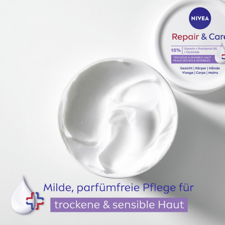 NIVEA Body Repair & Care Creme Parfumfrei, 400 ml, Нивеа Крем для тела без парфюма, 15% глицерин, провитамин B5 и церамиды, для сухой и чувствительной кожи, 72ч увлажнение, 400 мл