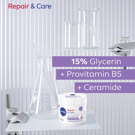 NIVEA Body Repair & Care Creme Parfumfrei, 400 ml, Нивеа Крем для тела без парфюма, 15% глицерин, провитамин B5 и церамиды, для сухой и чувствительной кожи, 72ч увлажнение, 400 мл