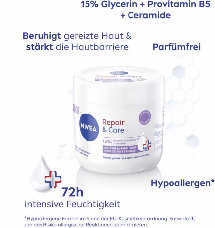 NIVEA Body Repair & Care Creme Parfumfrei, 400 ml, Нивеа Крем для тела без парфюма, 15% глицерин, провитамин B5 и церамиды, для сухой и чувствительной кожи, 72ч увлажнение, 400 мл