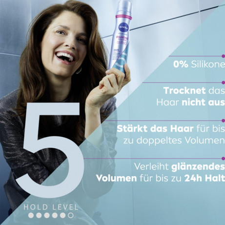 NIVEA Diamant Volumen Haarspray, 250 ml, Нивеа Лак для волос, пантенол и витамин B3, двойной объём и бриллиантовый блеск, до 24ч фиксация, 250 мл