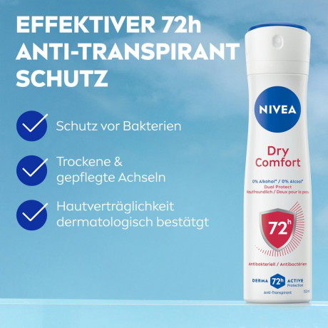 NIVEA Dry Comfort Anti-Transpirant Spray, 150 ml, Нивеа Антиперспирант спрей, Dual Protect, 0% спирта, 72ч сухость и комфорт, 150 мл