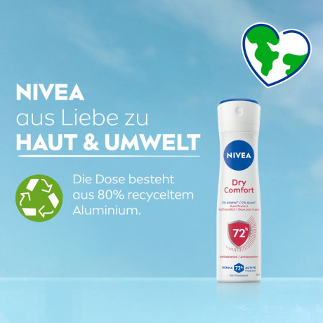 NIVEA Dry Comfort Anti-Transpirant Spray, 150 ml, Нивеа Антиперспирант спрей, Dual Protect, 0% спирта, 72ч сухость и комфорт, 150 мл
