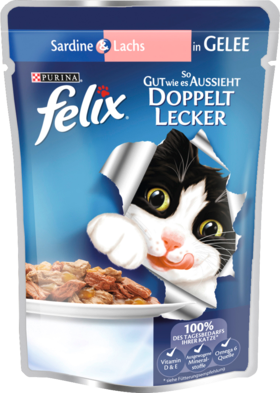 Felix Влажный корм Для кошек, So gut wie es aussieht Doppelt lecker Сардины и Лосось в желе, 100 г