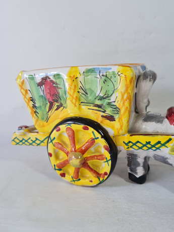 Статуэтка-подставка винтажная большая "Ослик с тележкой" в стиле майолика, керамика, 23 x 10 x 12 см, Италия, 1960-70гг.