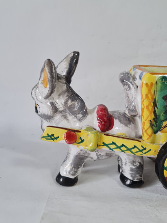 Статуэтка-подставка винтажная большая "Ослик с тележкой" в стиле майолика, керамика, 23 x 10 x 12 см, Италия, 1960-70гг.