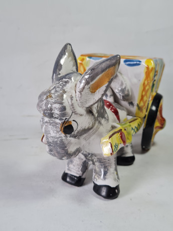 Статуэтка-подставка винтажная большая "Ослик с тележкой" в стиле майолика, керамика, 23 x 10 x 12 см, Италия, 1960-70гг.