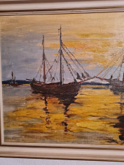 Картина винтажная &quot;Корабли в море на закате&quot;, масло, в раме, большой формат, 66 х 45 см, Германия, 1980-90гг.