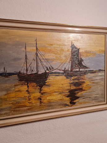 Картина винтажная "Корабли в море на закате", масло, в раме, большой формат, 66 х 45 см, Германия, 1980-90гг.