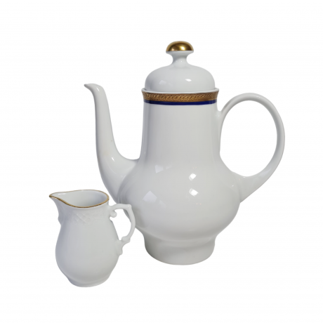 Набор для чая винтажный Kahla с синей каймой и золотым узором, чайник, молочник, фарфор, ГДР, 1980-90гг.