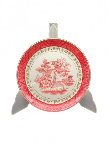 Тарелка декоративная винтажная Doppel Phoenix "Женщина в японском саду" в красных оттенках, фарфор, 17 см, Япония, 1960-70гг.