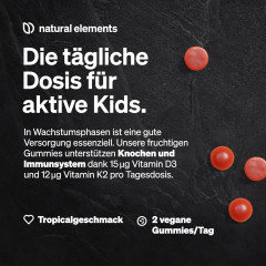 natural elements D3 + K2 Gummies Kids, Детские витамины, витамин D3 600 IU и K2, без сахара, тропический вкус, для иммунитета и костей, 120 шт