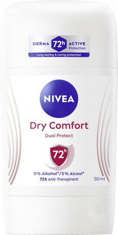 NIVEA Dry Comfort Anti-Transpirant Stick, 50 ml, Нивеа Антиперспирант стик, Dual Protect, 0% спирта, 72ч сухость, 50 мл