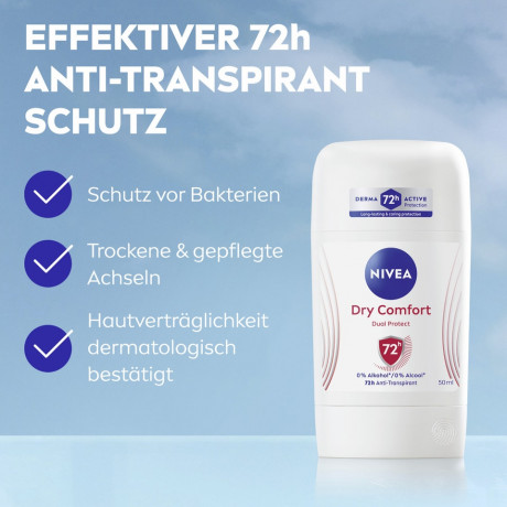 NIVEA Dry Comfort Anti-Transpirant Stick, 50 ml, Нивеа Антиперспирант стик, Dual Protect, 0% спирта, 72ч сухость, 50 мл