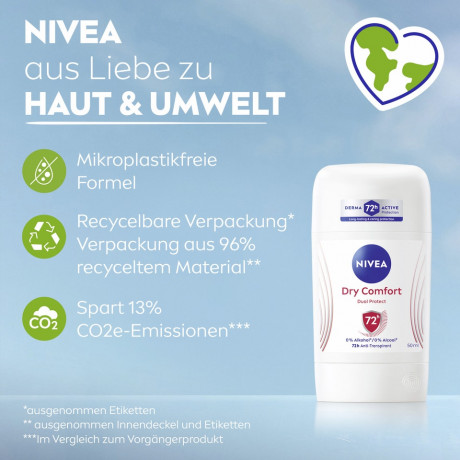NIVEA Dry Comfort Anti-Transpirant Stick, 50 ml, Нивеа Антиперспирант стик, Dual Protect, 0% спирта, 72ч сухость, 50 мл