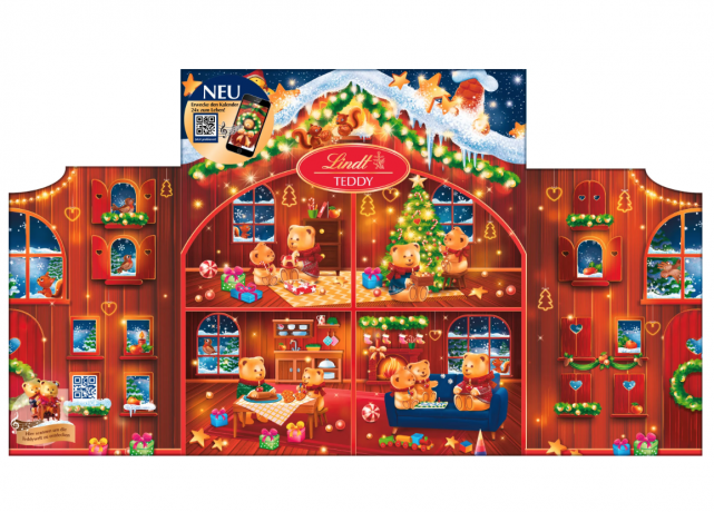 Lindt Teddy Adventskalender 128g, Линдт Адвент-календарь 2025 Тедди, 24 сладких сюрприза, 128 грамм