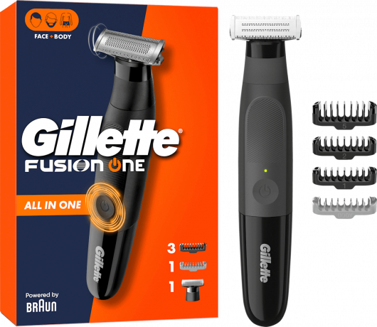 GILLETTE Elektrischer Rasierer, Fusion One All in One Trimmer, 1 St, Джилетт Гибридный триммер и бритва Fusion One All in One для лица и тела с 3 гребнями для лица, гребнем для тела и сменным лезвием, 1 набор