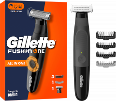 GILLETTE Elektrischer Rasierer, Fusion One All in One Trimmer, 1 St, Джилетт Гибридный триммер и бритва Fusion One All in One для лица и тела с 3 гребнями для лица, гребнем для тела и сменным лезвием, 1 набор