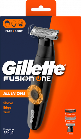 GILLETTE Elektrischer Rasierer, Fusion One All in One Trimmer, 1 St, Джилетт Гибридный триммер и бритва Fusion One All in One для лица и тела с 3 гребнями для лица, гребнем для тела и сменным лезвием, 1 набор