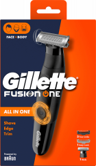 GILLETTE Elektrischer Rasierer, Fusion One All in One Trimmer, 1 St, Джилетт Гибридный триммер и бритва Fusion One All in One для лица и тела с 3 гребнями для лица, гребнем для тела и сменным лезвием, 1 набор