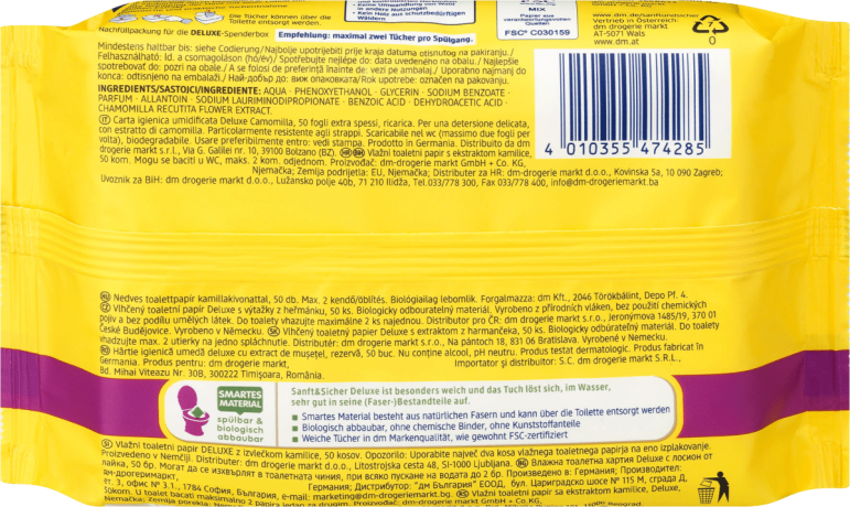 Sanft&Sicher Feuchtes Toilettenpapier Deluxe Kamille Nachfüllpack Влажная Туалетная бумага Deluxe Ромашка Запасная упаковка, 50 шт