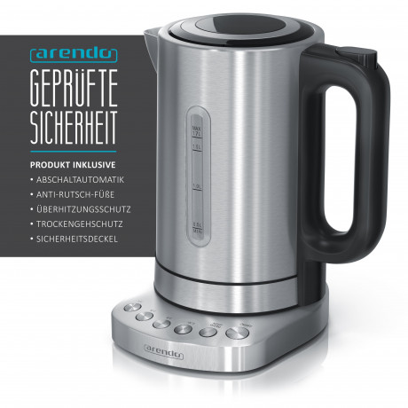 Arendo Arendo Wasserkocher, 1,7 l, 3000 W, Edelstahl, Schnellkoch, einstellbare Temperatur, Warmhaltefunktion  Чайник Arendo, 1,7 л, 3000 Вт, нержавеющая сталь, для быстрого приготовления, с регулируемой температурой и функцией поддержания тепла