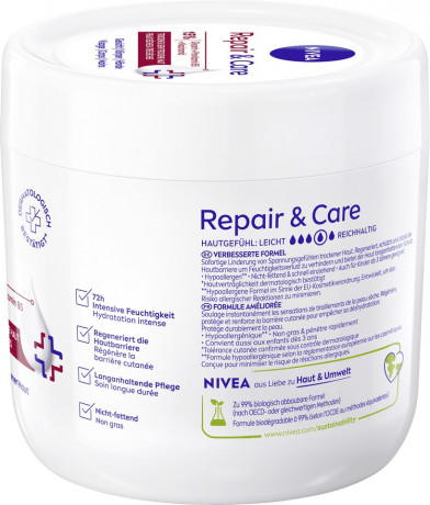 NIVEA Body Repair & Care Creme, 400 ml, Нивеа Крем для тела, 15% глицерин, провитамин B5 и ниацинамид, для очень сухой кожи, 72ч увлажнение, 400 мл