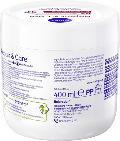 NIVEA Body Repair & Care Creme, 400 ml, Нивеа Крем для тела, 15% глицерин, провитамин B5 и ниацинамид, для очень сухой кожи, 72ч увлажнение, 400 мл