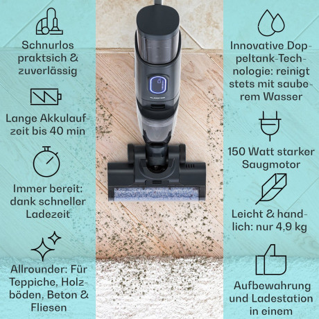 Klarstein Klarstein Akku-Hand-und Stielstaubsauger Caswell Plus, 150 W, beutellos, Nass Trocken Sauger Akku Kabellos Beutellos LED 150  Беспроводной ручной и стержневой пылесос Klarstein Caswell Plus, 150 Вт, без мешка, пылесос для влажной и сухой уборки,