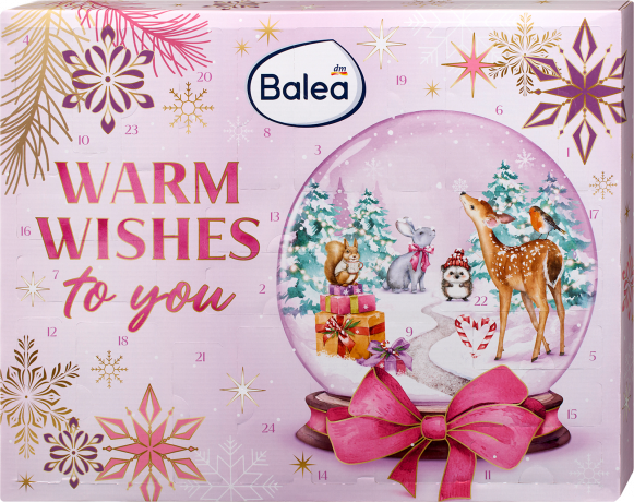 Balea Warm Wishes Adventskalender 2026, 24 Pflege-Ueberraschungen fuer Gesicht, Koerper und Haar, Balea Адвент-календарь 2026 Warm Wishes с уходом за лицом, телом и волосами, 24 сюрприза