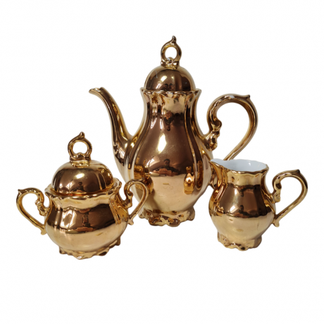 Moschendorf Retsch Wunsiedel Фарфоровый набор посуды для чая с обильной позолотой "Золото": чайник 19см x 18см, молочник 8см x 9см, сахарница 10см x 12см, Германия, 1960-70гг.