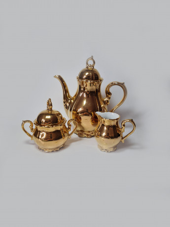Moschendorf Retsch Wunsiedel Фарфоровый набор посуды для чая с обильной позолотой "Золото": чайник 19см x 18см, молочник 8см x 9см, сахарница 10см x 12см, Германия, 1960-70гг.