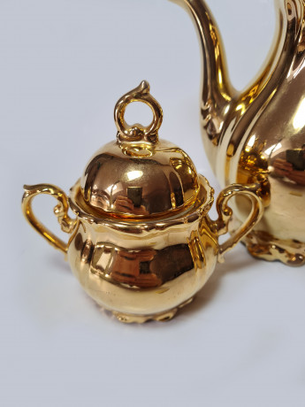 Moschendorf Retsch Wunsiedel Фарфоровый набор посуды для чая с обильной позолотой "Золото": чайник 19см x 18см, молочник 8см x 9см, сахарница 10см x 12см, Германия, 1960-70гг.
