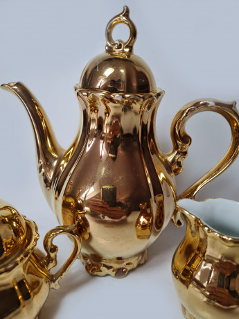 Moschendorf Retsch Wunsiedel Фарфоровый набор посуды для чая с обильной позолотой "Золото": чайник 19см x 18см, молочник 8см x 9см, сахарница 10см x 12см, Германия, 1960-70гг.